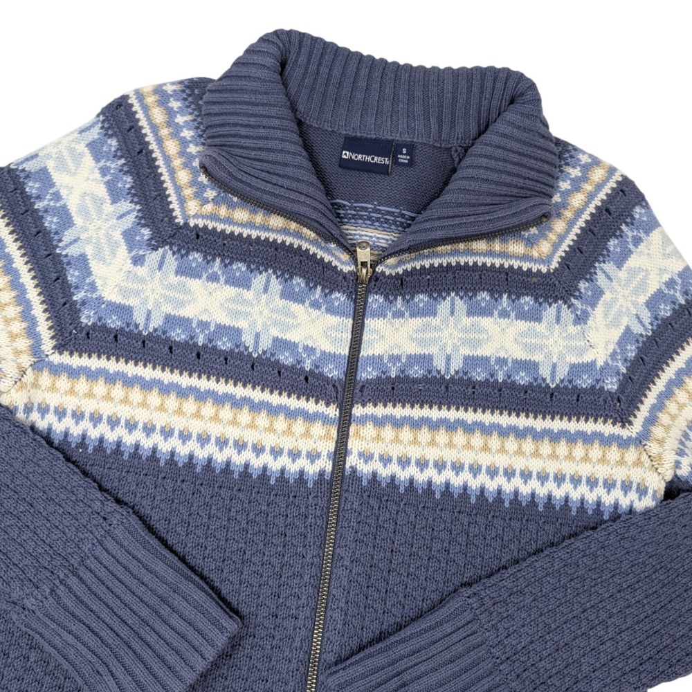 Northcrest Men's S Fair Isle Full Zip Cardigan Sweater Blue Grandpa Core‎ Cozy